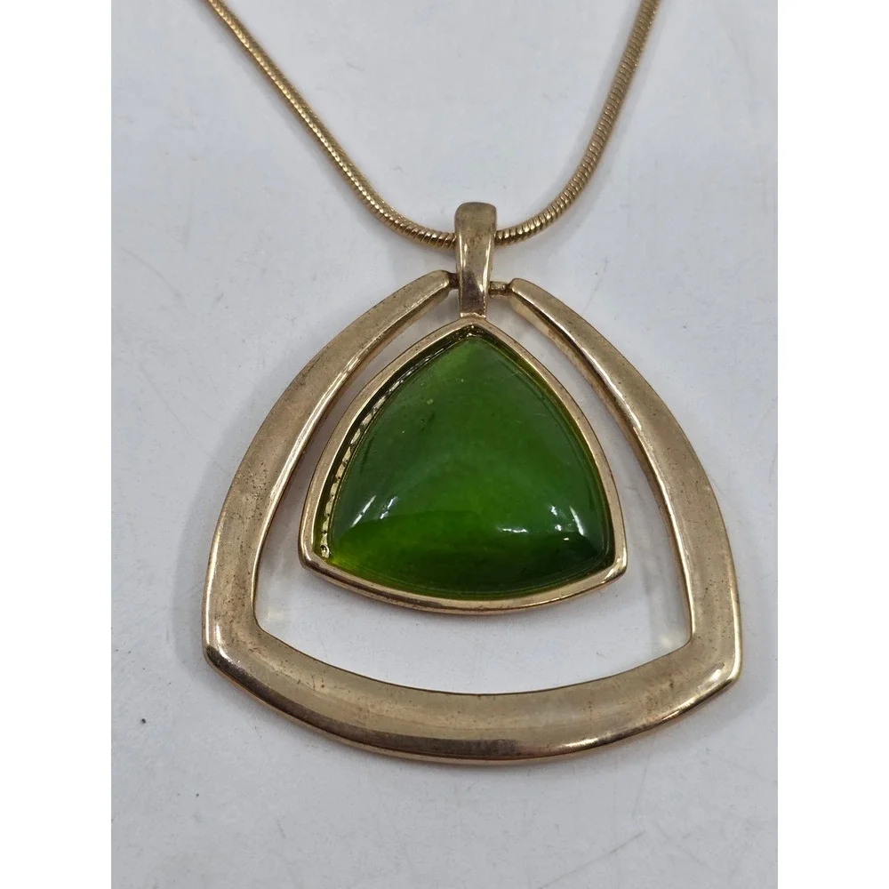 Green Gold Tone Triangle Pendant Necklace and Tiered Teardrop Earring Set